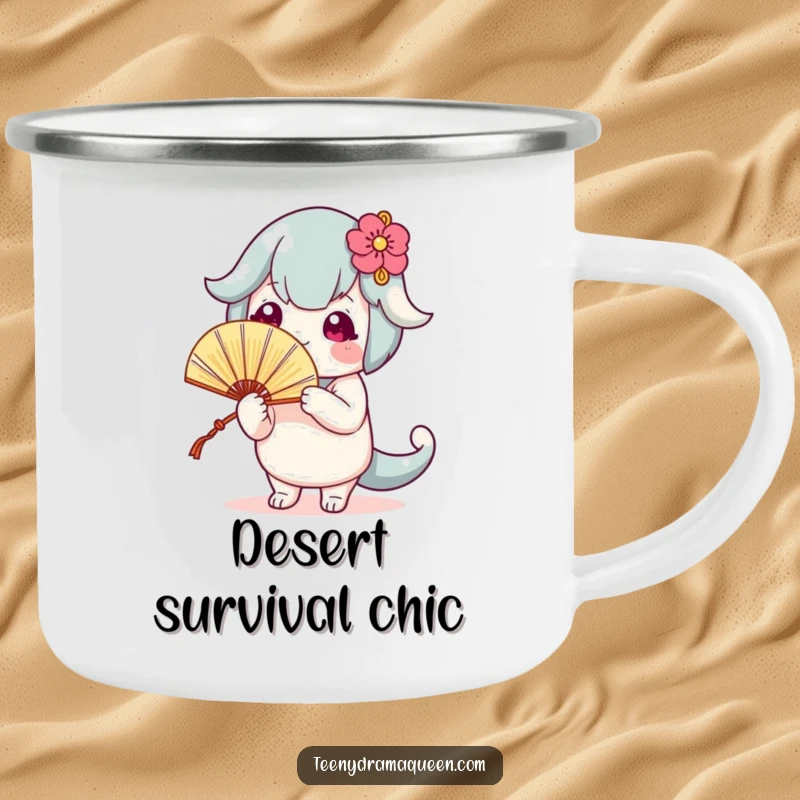 Funny camping mug with a cute character fanning itself theatrically, perfect for outdoor use with a humorous touch.