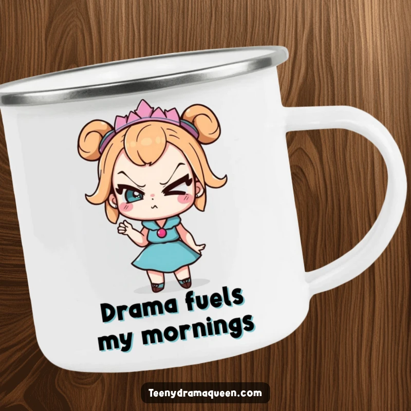 Funny Camping Mug: Teeny drama queen character with exaggerated eye roll and sassy pose, perfect for dramatic sips in nature.
