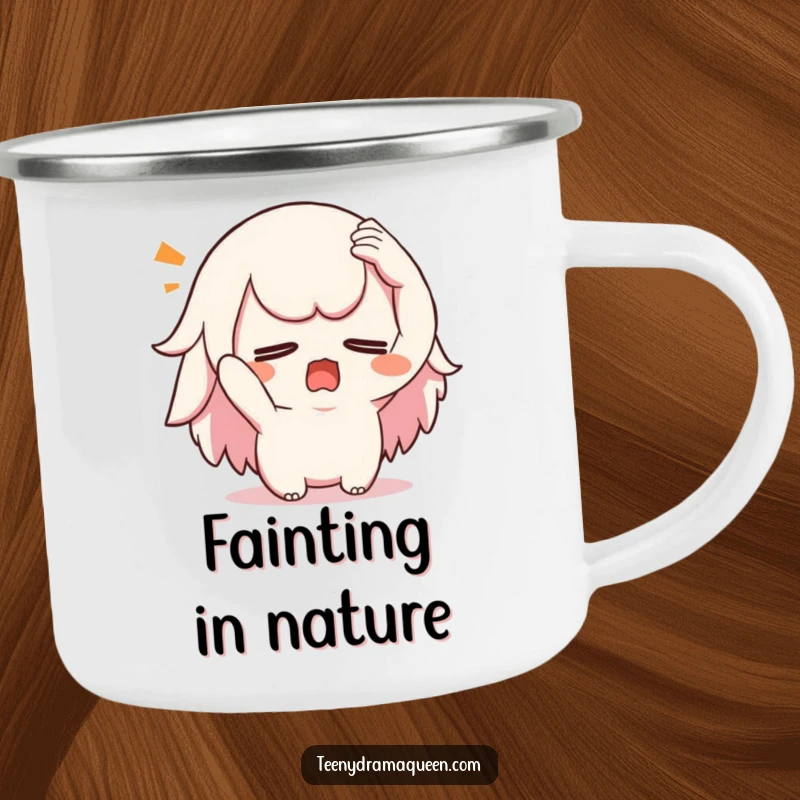 Funny swooning kawaii camping mug, a robust mug featuring a character dramatically fainting, for expressive campers.