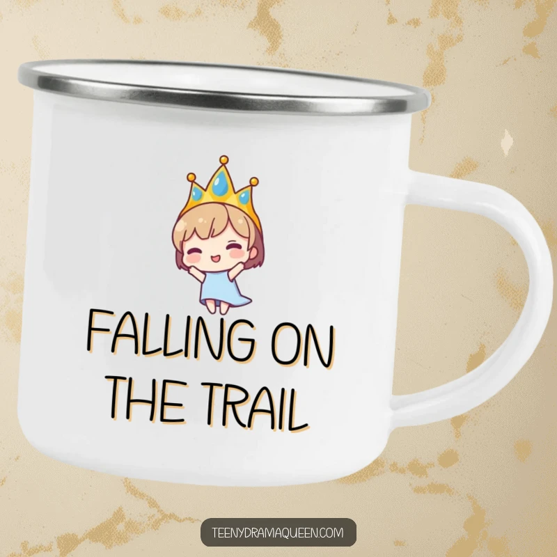 Funny camping mug featuring a tiara-wearing character dramatically falling. Durable and humorous, perfect for outdoor enthusiasts with a flair for the dramatic.