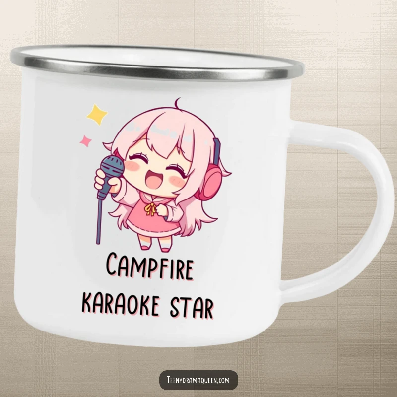 Funny camping mug, a joyful character reaching for a tiny microphone outdoors, symbolizing adventure humor.