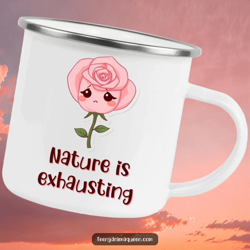 Funny Camping Mug featuring a pink rose character drooping sadly, adding humorous melancholy to outdoor beverages.