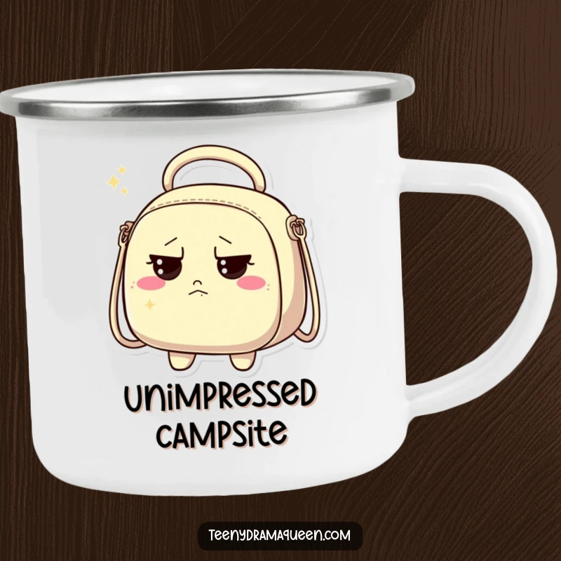Funny enamel camping mug featuring a sparkly handbag character with a discontented expression, perfect for outdoor sass.