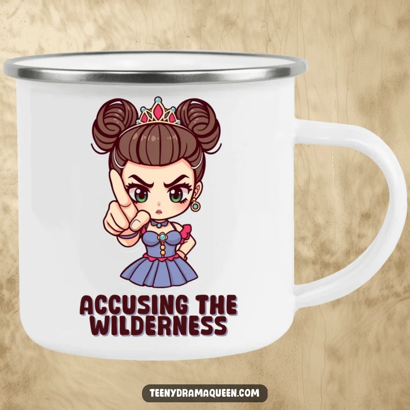 Funny tiny drama queen pointing with a perfectly manicured finger, perfect for outdoor drinks with dramatic humor.