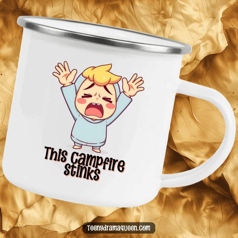 Funny camping mug with a character throwing its hands up in exaggerated exasperation, for outdoor use.