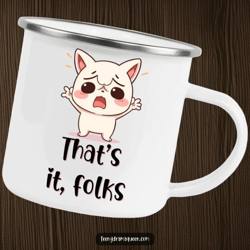 Funny camping mug showing a kawaii character dramatically throwing its hands up in exasperation, perfect for outdoor adventures.