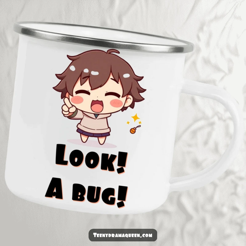 Funny camping mug featuring an excited character dramatically pointing, perfect for outdoor drinks with a touch of adventurous humor.