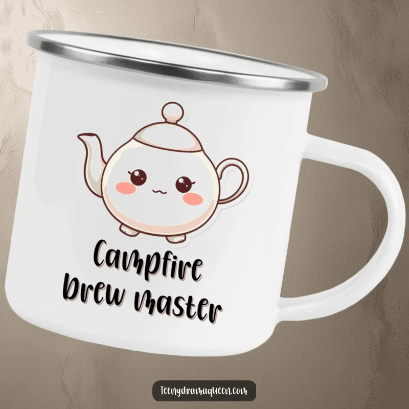 Funny teapot character camping mug, very small, expressive, tiny raised spout, whimsical and durable drinkware.