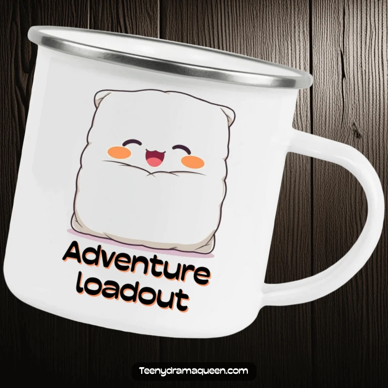 Funny camping mug with a giggling, overstuffed pillow character in a comically large case, designed for durable outdoor enjoyment.