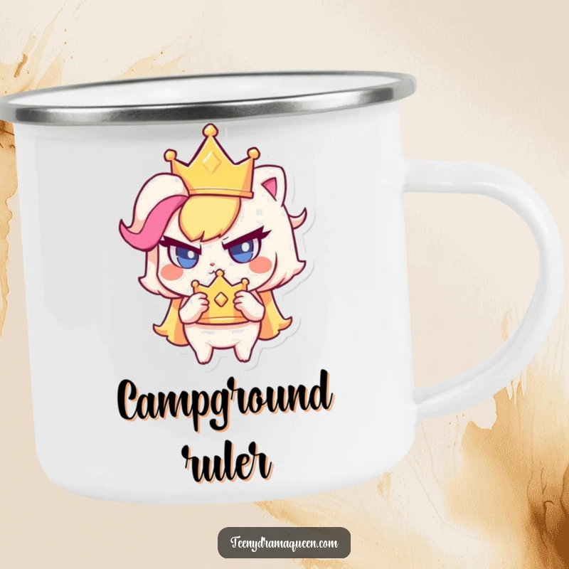 Funny camping mug with a small character clutching a sparkly crown with a haughty glare, perfect for regal outdoor use.