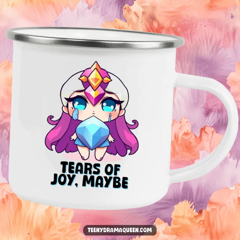 Funny camping mug with a dramatic jewel character shedding a glittery tear, perfect for outdoor adventures with humorous dramatic flair. Ideal funny gift.
