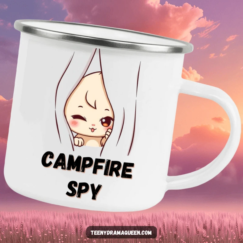 Funny camping mug featuring a mischievous character peeking from behind a curtain, perfect for outdoor drinks with a playful, secretive touch.