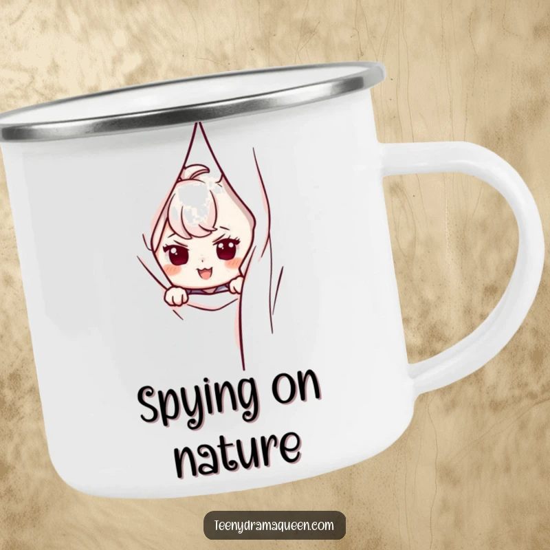 Funny camping mug with a character peeking from behind a curtain with a mischievous smirk, for outdoor use.