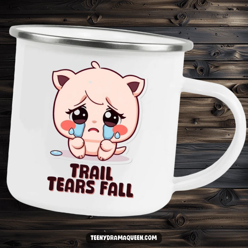 Funny camping mug with a kawaii character shedding tiny, exaggerated tears from big sad eyes, suitable for outdoor emotional moments.