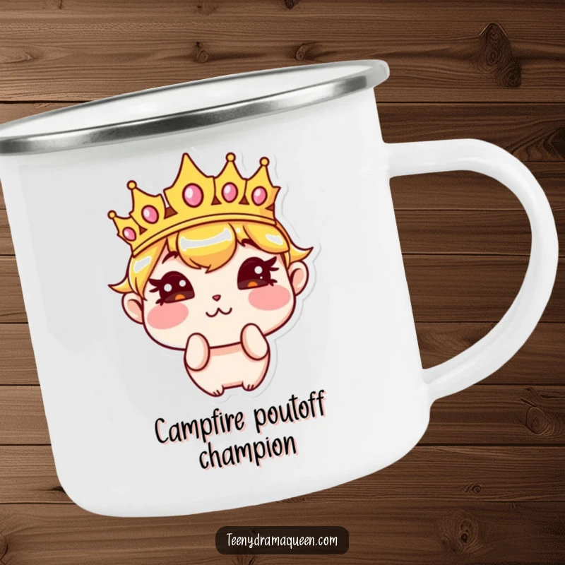Funny camping mug with a sassy crown character pouting with puffed cheeks, perfect for outdoor fun with a humorous royal attitude. Ideal funny gift.