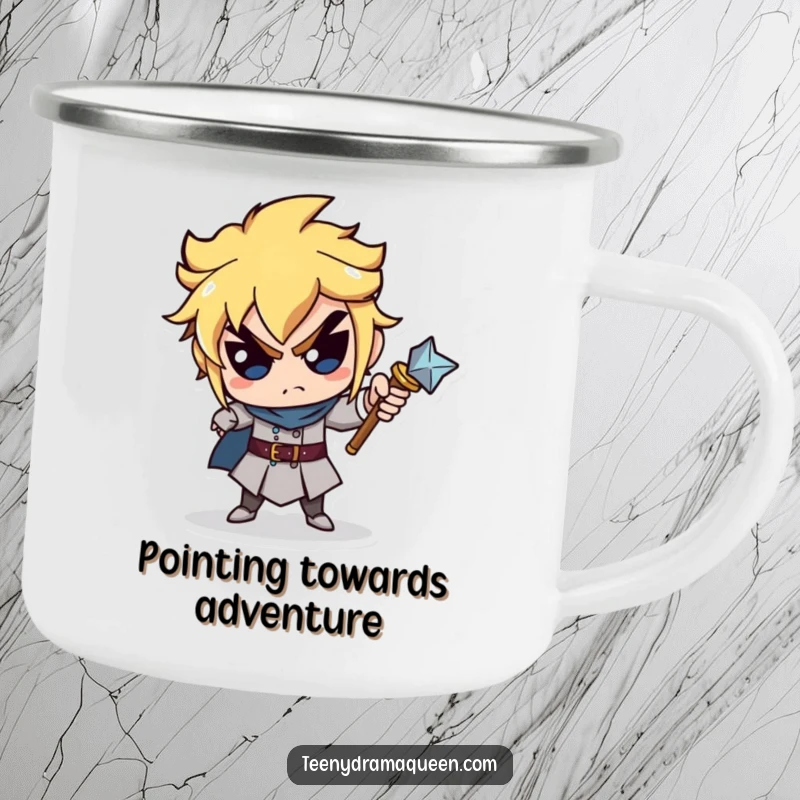 Funny camping mug with a miniature scepter character pointing accusingly, perfect for outdoor adventures with humorous royal direction. Ideal funny gift.