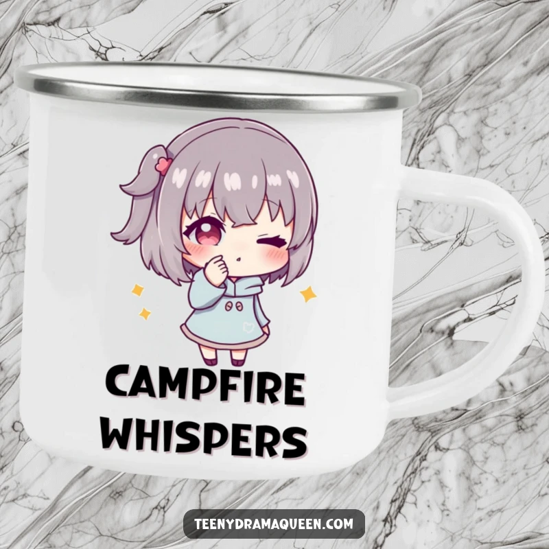 Funny camping mug featuring a character whispering secrets with a conspiratorial wink, perfect for sharing humorous tales outdoors.