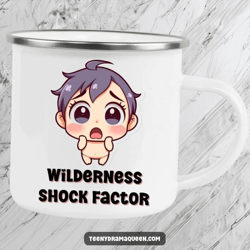 Funny Camping Mug: Little character with a shocked expression and wide eyes, perfect for surprised sips in the wild.