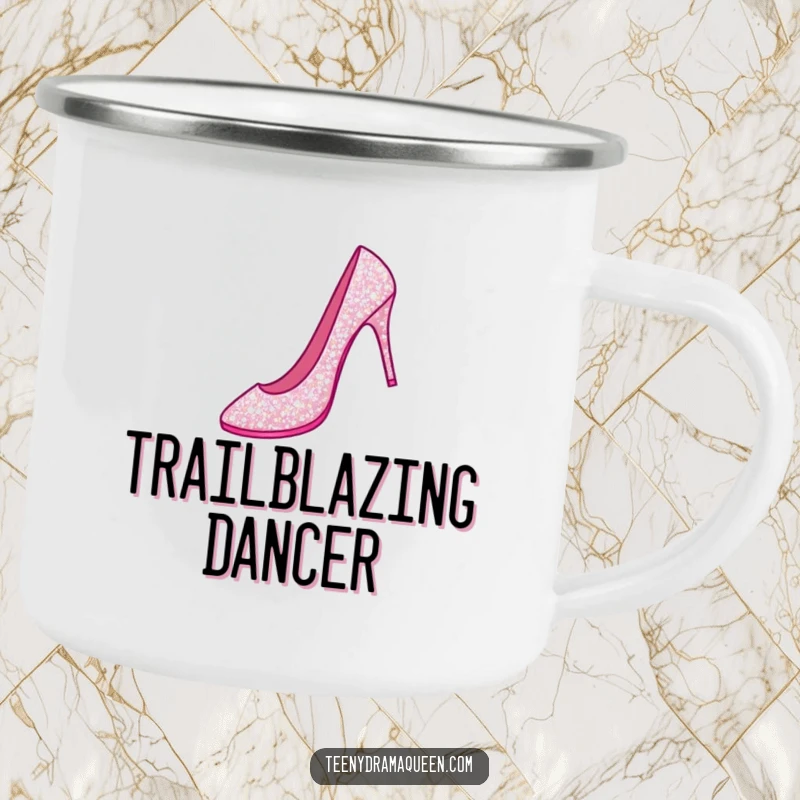 Funny camping mug with a sparkly stiletto shoe performing a grand jeté, built for rugged adventures and elegant enjoyment.
