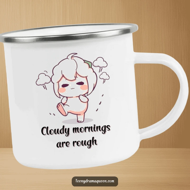 Funny Camping Mug with a character stomping its foot with a pout, surrounded by tiny storm clouds, a hilariously stormy companion.