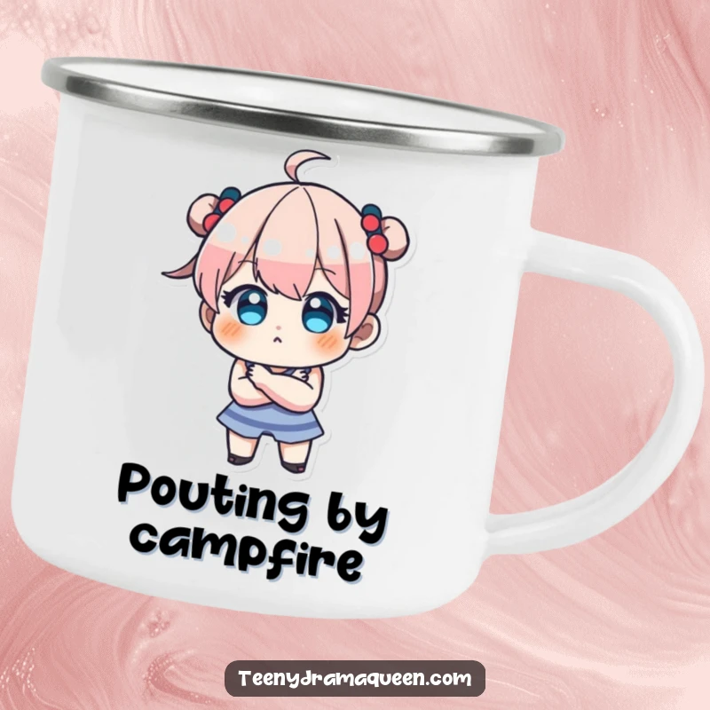 Funny camping mug featuring a teeny character pouting with crossed arms, perfect for outdoor enthusiasts who enjoy adorable stubbornness.