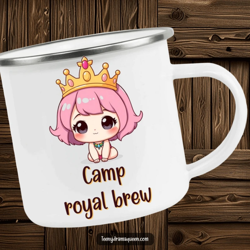 Funny Tiara Camping Mug: A cute character wearing a comically oversized tiara, ready for outdoor brews and royal moments.