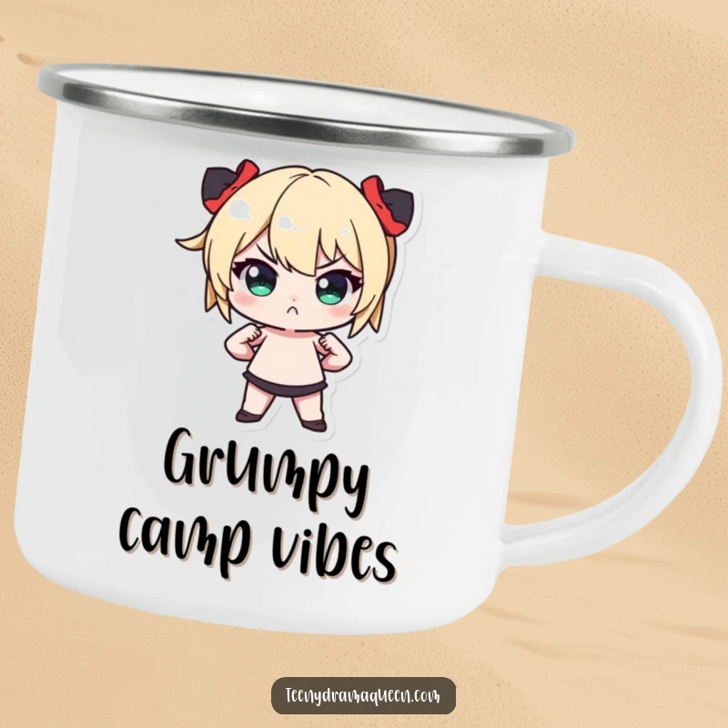 Funny Tiny Character Camping Mug: Sturdy enamel cup featuring a miniature figure in a dramatic pose with hands on hips and a pout.