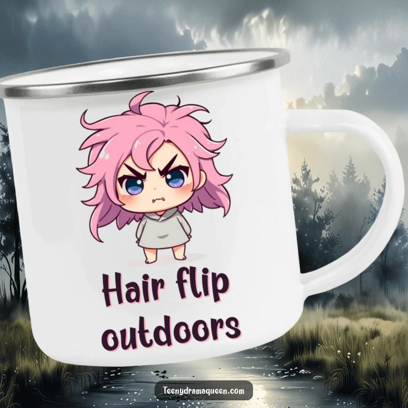 Funny camping mug with a character doing a dramatic hair flip, looking affronted, for outdoor use.