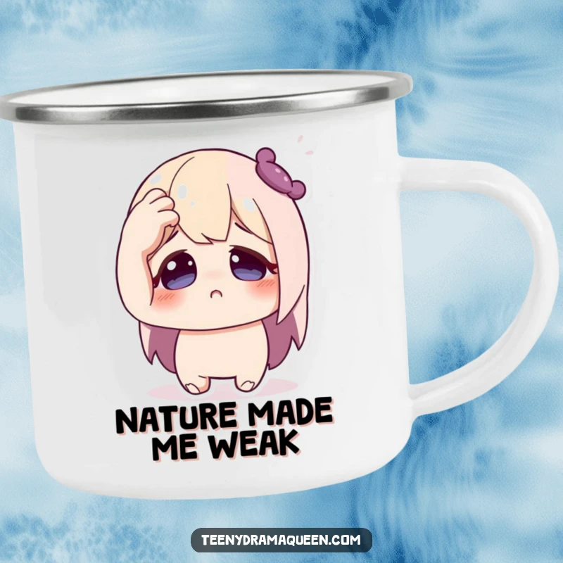 Funny camping mug featuring a cute character in a dramatic faint, hand to forehead, wide eyes, for outdoor enthusiasts.