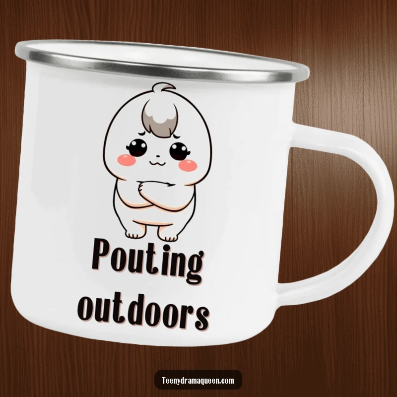 Funny enamel camping mug with a pouty kawaii character, perfect for outdoor adventures and grumpy mornings, a funny gift.