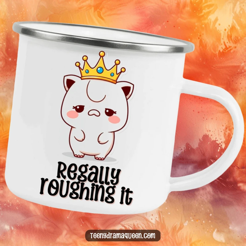 Funny unimpressed kawaii camping mug, a robust mug featuring a crowned character with a bored look, for regal campers.