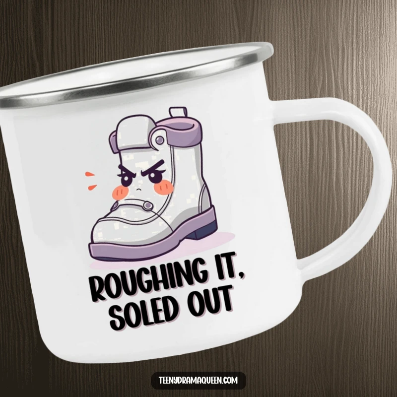 Funny Camping Mug featuring a shoe character huffing indignantly, perfect for outdoor beverages with a humorous mood.