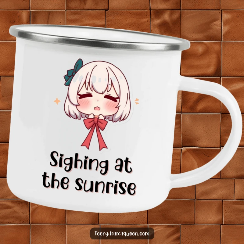 Funny camping mug showing a character pouting and dramatically sighing while releasing a ribbon, bringing theatrical humor to the great outdoors.