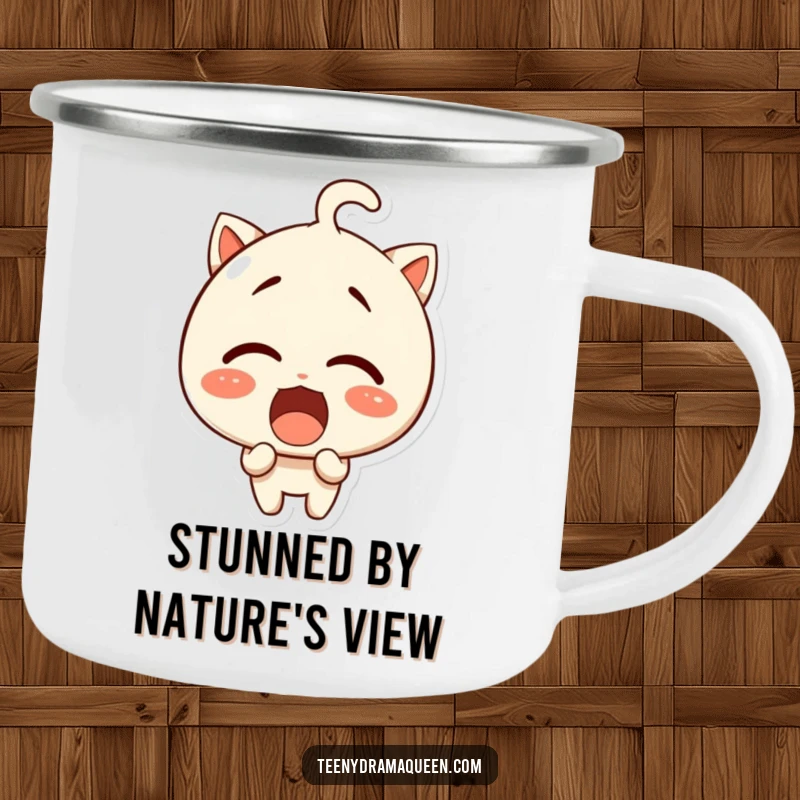 Funny camping mug, a giggling character with an exaggeratedly surprised expression, perfect for outdoor fun.