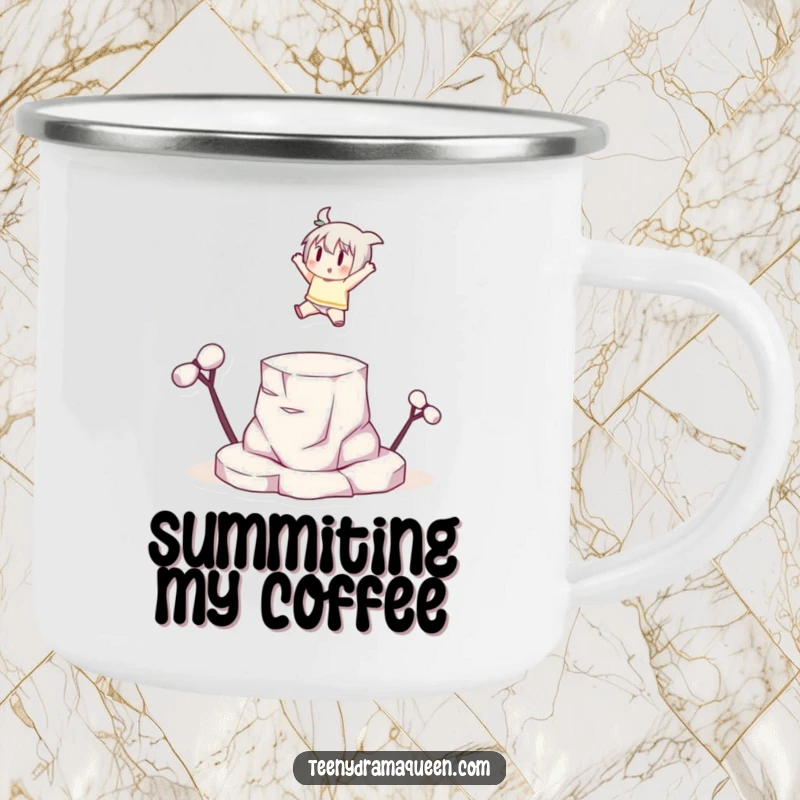 Funny small character leaping dramatically onto a tiny elevated platform with a flourish, perfect for outdoor drinks with motivational humor.