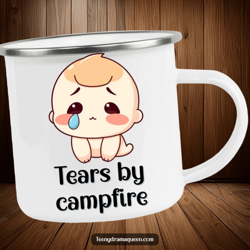 Funny camping mug showing a character with a single, dramatic tear, perfect for outdoor enthusiasts who love a humorous and emotive drinkware.
