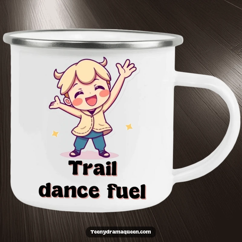Funny camping mug featuring a playful character in a silly dance pose, perfect for enjoying drinks outdoors with a humorous spirit.