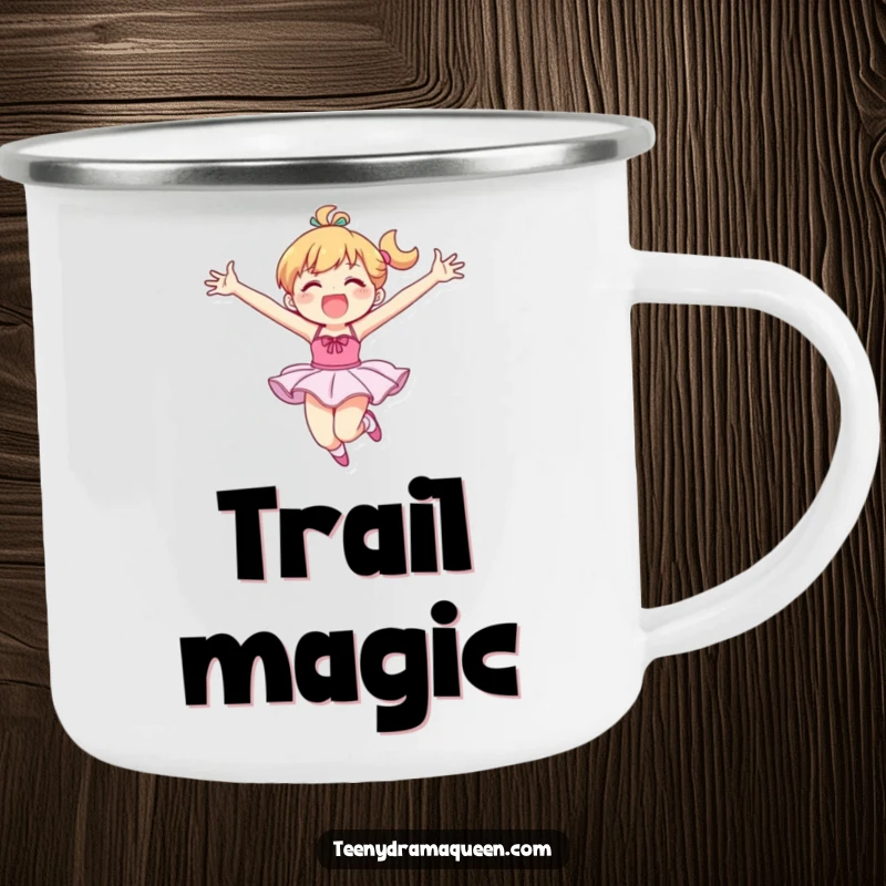 Funny camping mug with a ballet dancer character performing an ecstatic leap, arms wide, ideal for outdoor humor.
