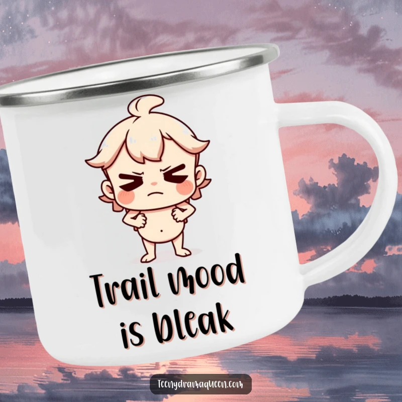 Funny Camping Mug with a character huffing and puffing with hands on hips, a hilariously displeased companion for adventures.