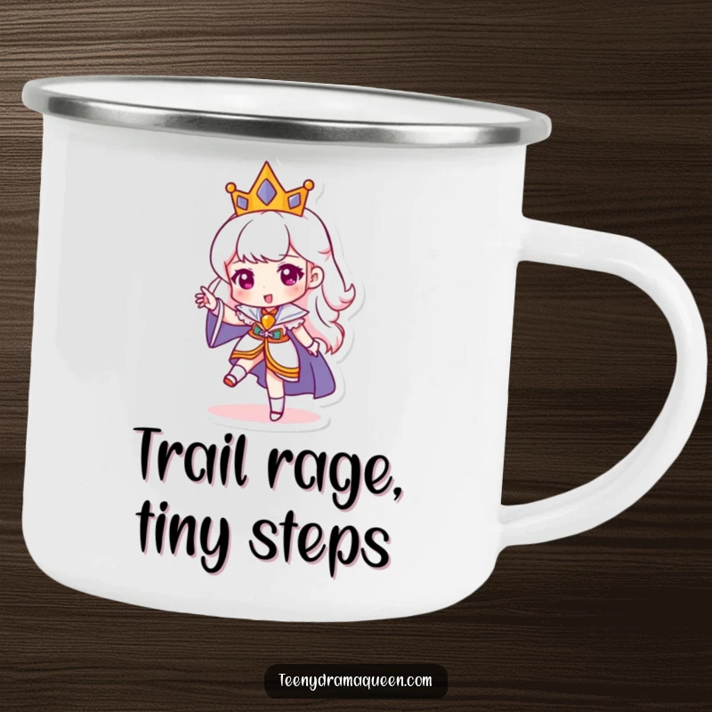 Funny camping mug featuring a miniature queen character stomping her foot, perfect for outdoor adventures with a humorous royal attitude. Ideal funny gift.