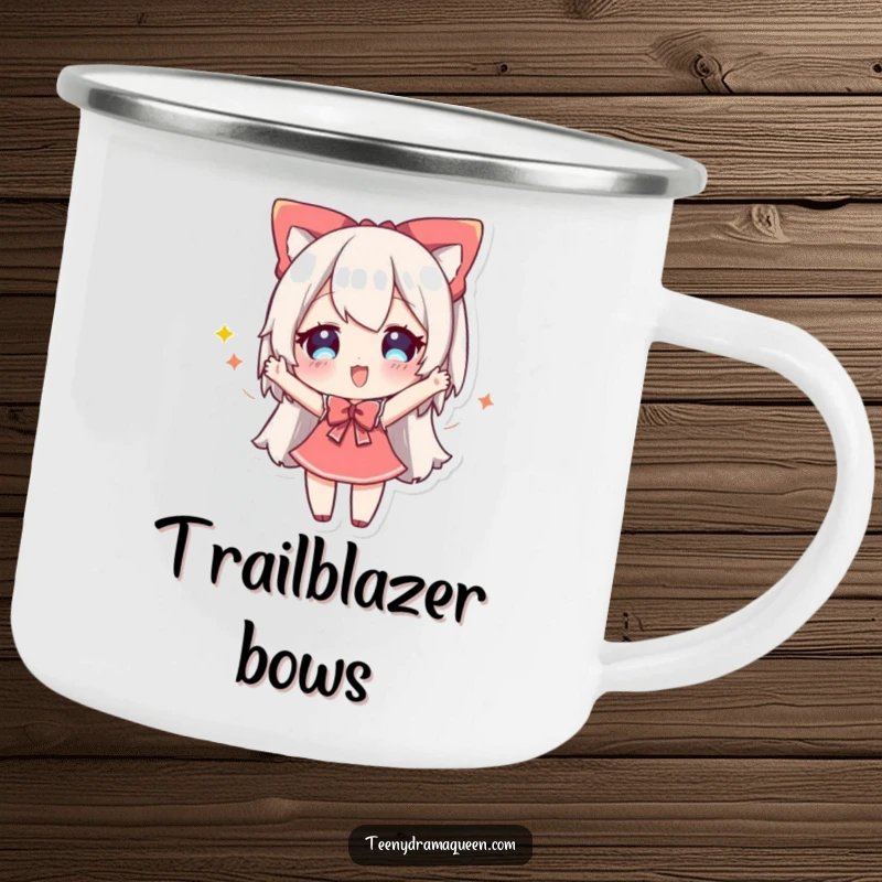 Funny camping mug featuring a cheery character taking a dramatic bow, perfect for outdoor drinks with a celebratory, humorous touch.