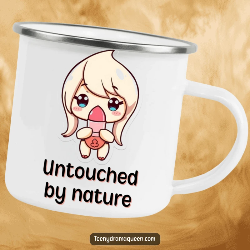 Funny Camping Mug featuring a tiny lipstick character looking unimpressed, adding chic humor to outdoor beverages.