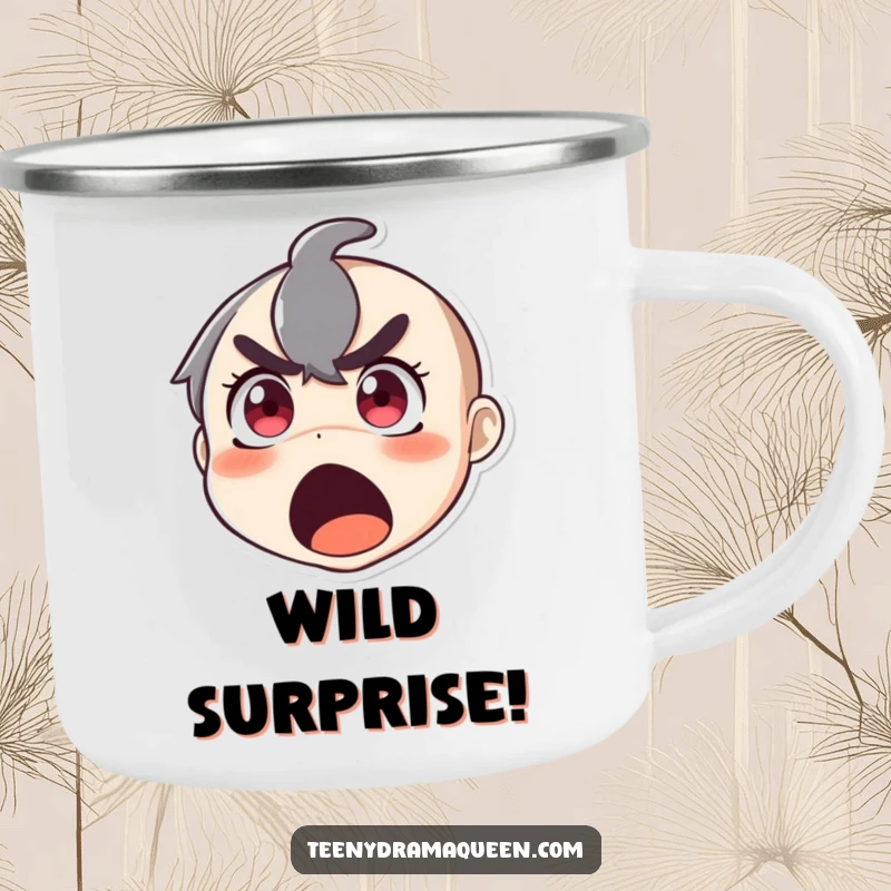 Funny camping mug with a character in extreme surprise, eyes wide and mouth open in a humorous, dramatic gasp.