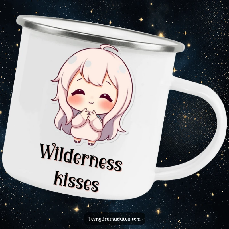 Funny camping mug featuring a happy character blowing a tiny, sweet kiss, perfect for outdoor drinks with a heartwarming touch.