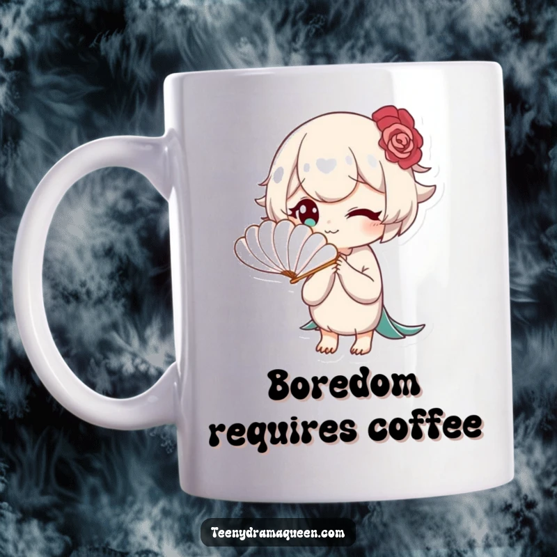 Funny mug featuring a character elegantly fanning itself with a tiny feather fan, exuding an air of supreme boredom.