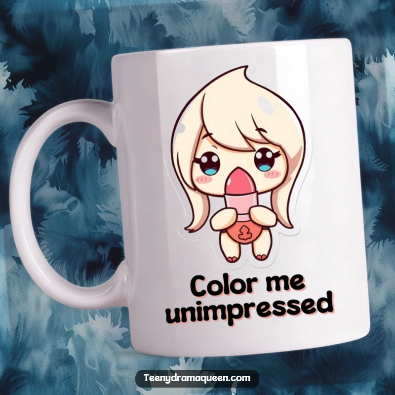 Funny Mug featuring a tiny lipstick character with a completely unimpressed expression, perfect for conveying judgmental humor.