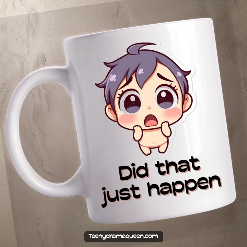 Funny Mug: Little character with a shocked expression and wide eyes, conveying utter surprise and disbelief.