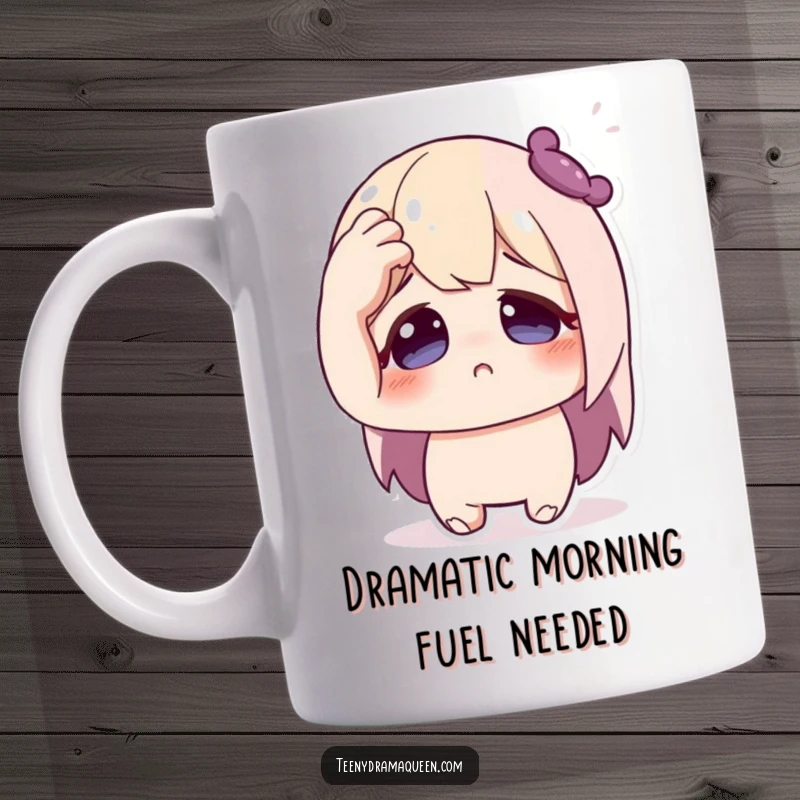 Funny mug featuring a cute character dramatically pretending to faint, hand to forehead, eyes wide with exaggerated shock.
