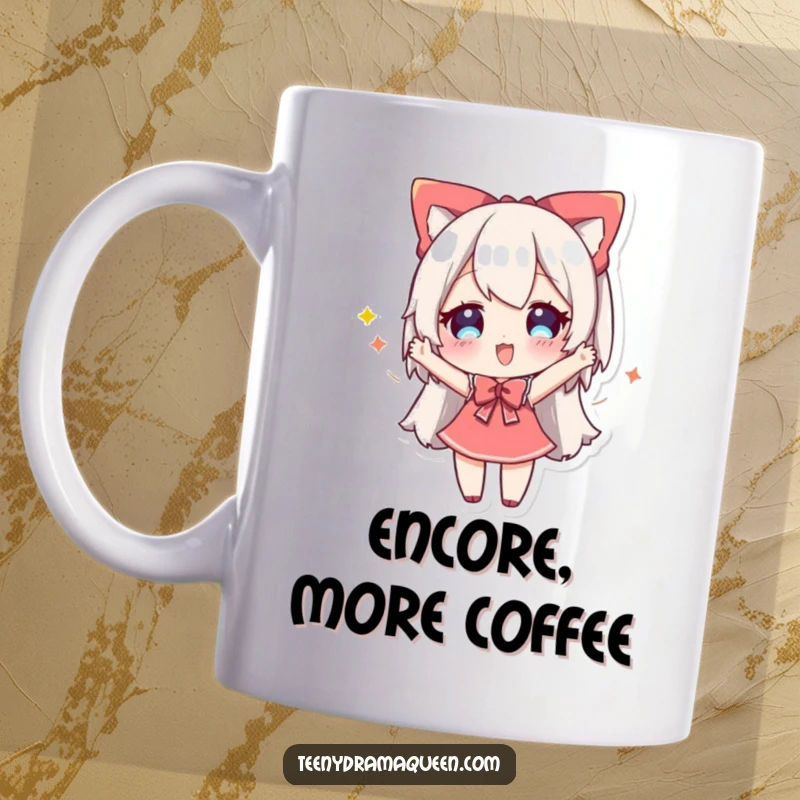 Funny mug with a cheerful character in a grand, dramatic bow, exuding happiness and a sense of accomplishment.