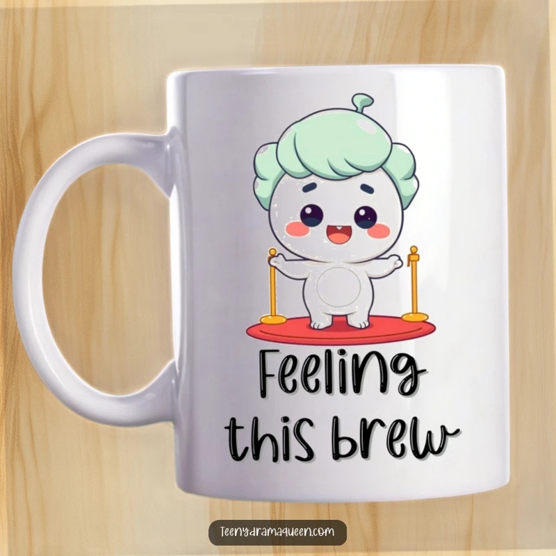 Funny giggling character striking a pose on a red carpet, beaming with confidence and joy, celebrating stardom.